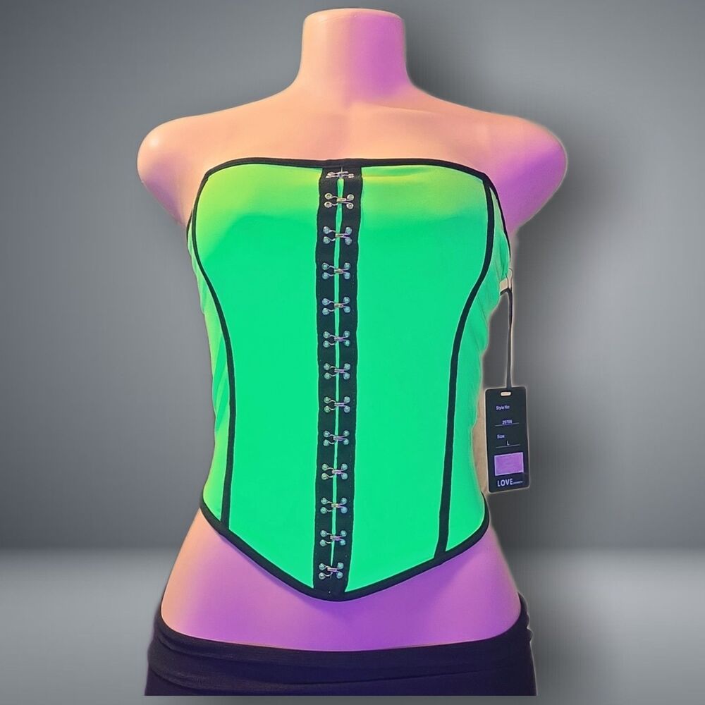 NWT Love University Neon Green Corset Top L UV Reactive Blacklight Rave Festival